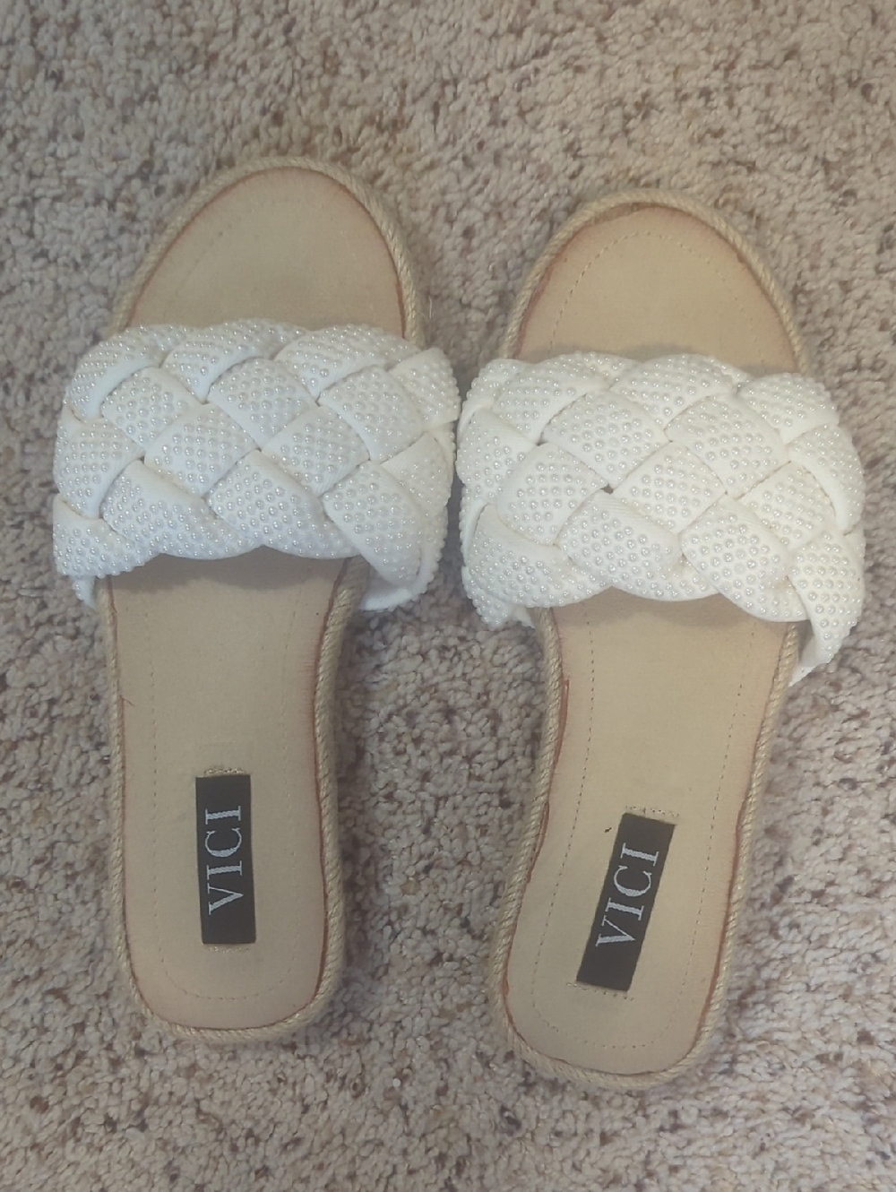 VICI White Braided Slide Sandals with Embellished Strap